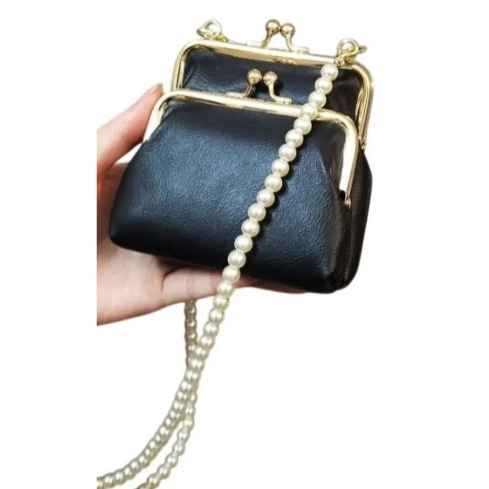 Double Kisslock Pearl crossbody strap vegan leather Black handbag